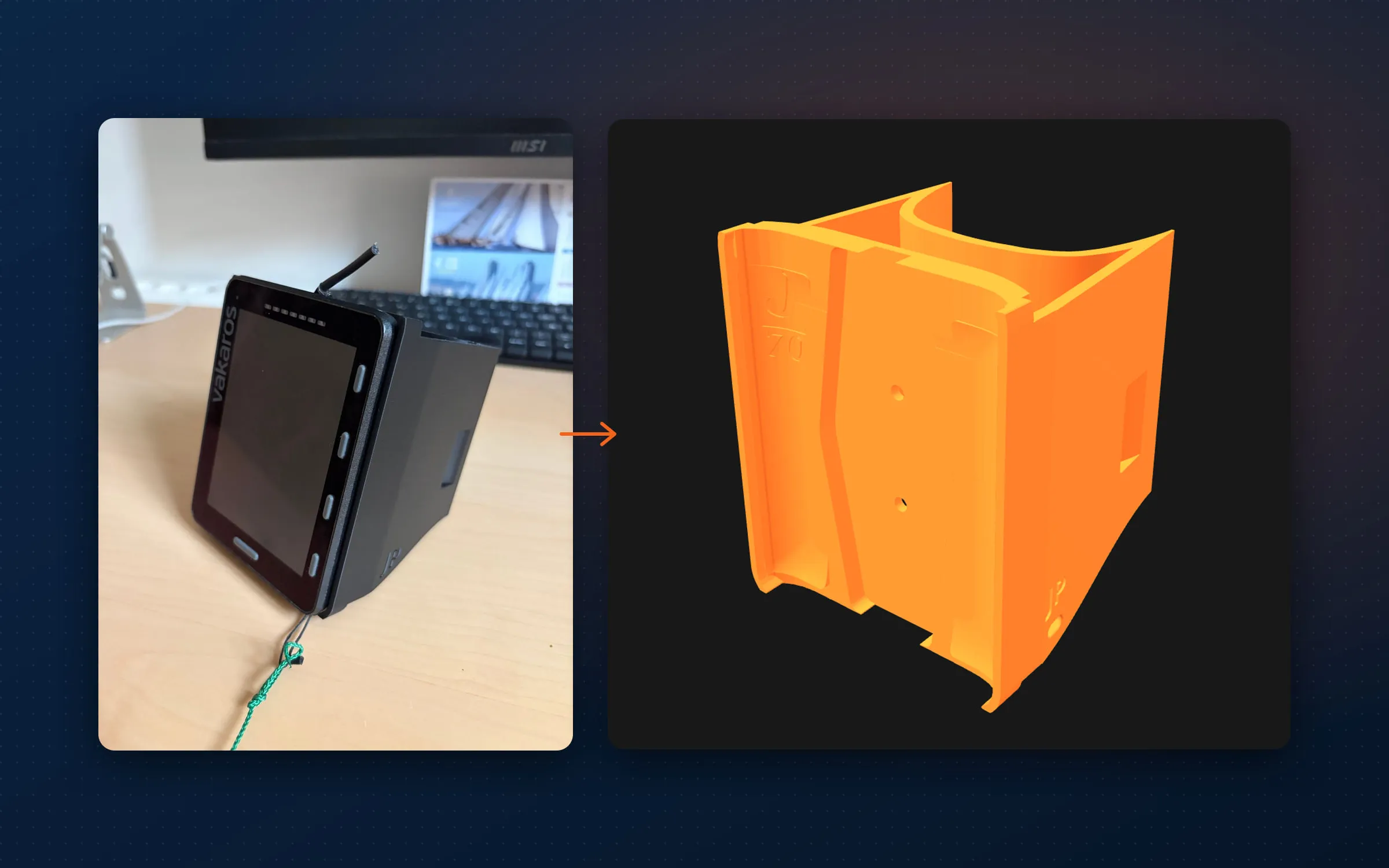 El soporte impreso con el Vakaros Atlas 2 montado, junto a su modelo 3D en naranja
